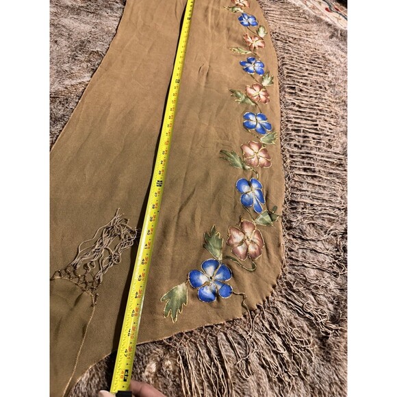 SHAWL BIKINI COVER UP FRINGE SHEER BROWN BEADS HAND PAINTED SCARF SURFACE VTG - Picture 6 of 9